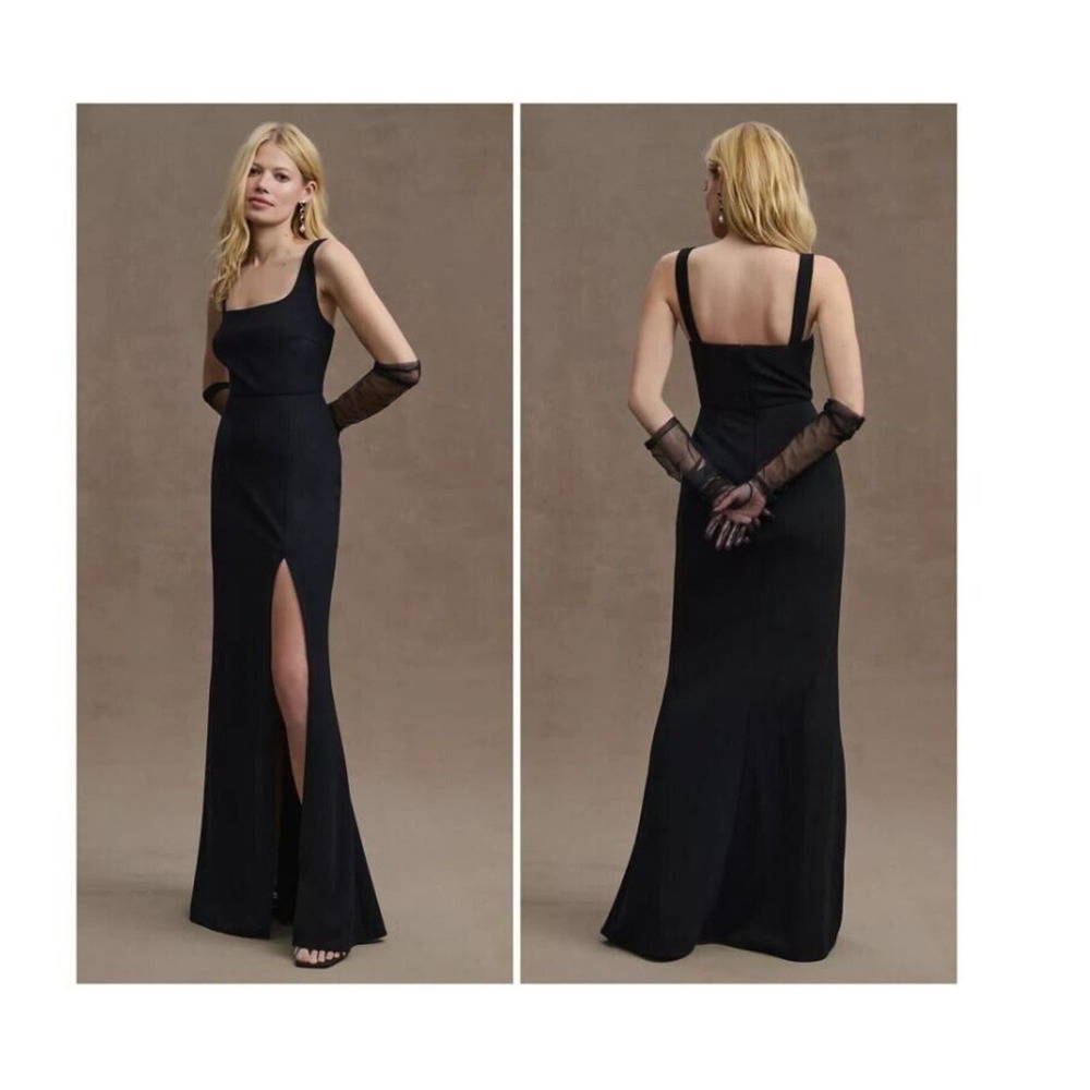 BHLDN Sz 6 Ashlynn Square Neck Stretch Crepe Side Slit Gown Maxi Dress Black